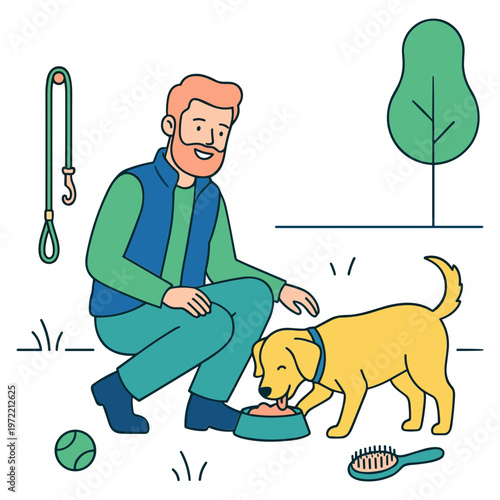 Man feeding dog in park with brush and ball nearby outside