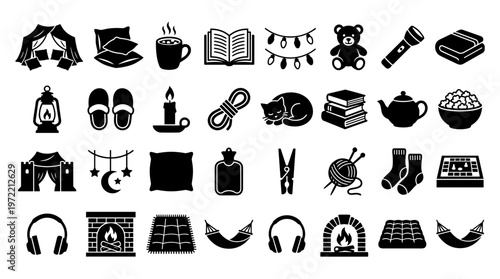 Cozy hygge icons collection representing comfort relaxation and winter lifestyle elements like books tea candles and warm clothing
