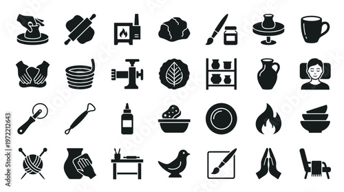 Collection of pottery making tools and ceramic art symbols representing the craft of pottery and artistic creation