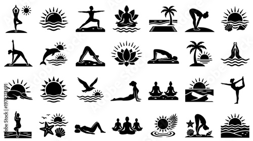 Collection of yoga poses and meditation icons with sun and ocean backgrounds representing wellness and healthy lifestyle