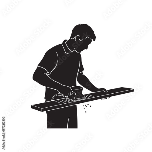 Man Using Electric Sander on Wooden Plank Carpenter Working on Woodworking Project Renovation Construction Hobby