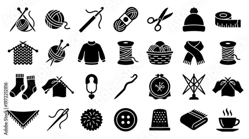 Collection of knitting and sewing icons representing various crafting tools and supplies for handmade hobbies and creative projects