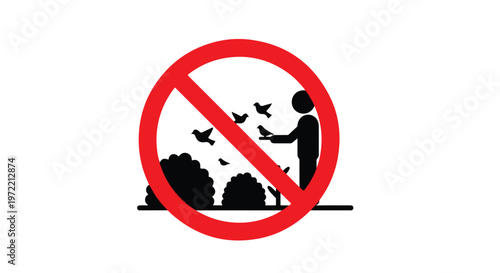 Symbol indicating prohibition of feeding birds in a park or natural area with bushes and a person silhouette