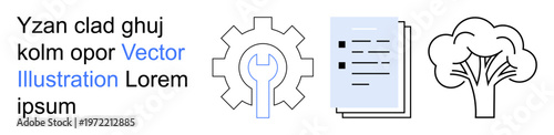 Business process, environment, document management, technology, development, sustainability. A gear icon, tree symbol and documents in line art. Business process and environment concept