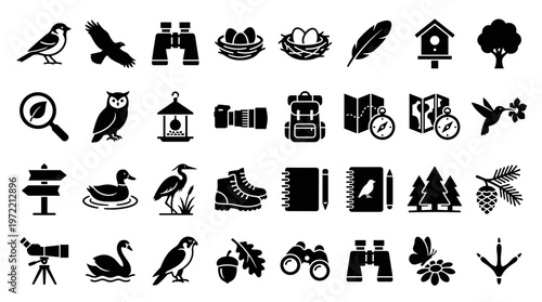 Collection of bird watching and nature exploration icons representing outdoor hobbies and wildlife observation with binoculars cameras and maps