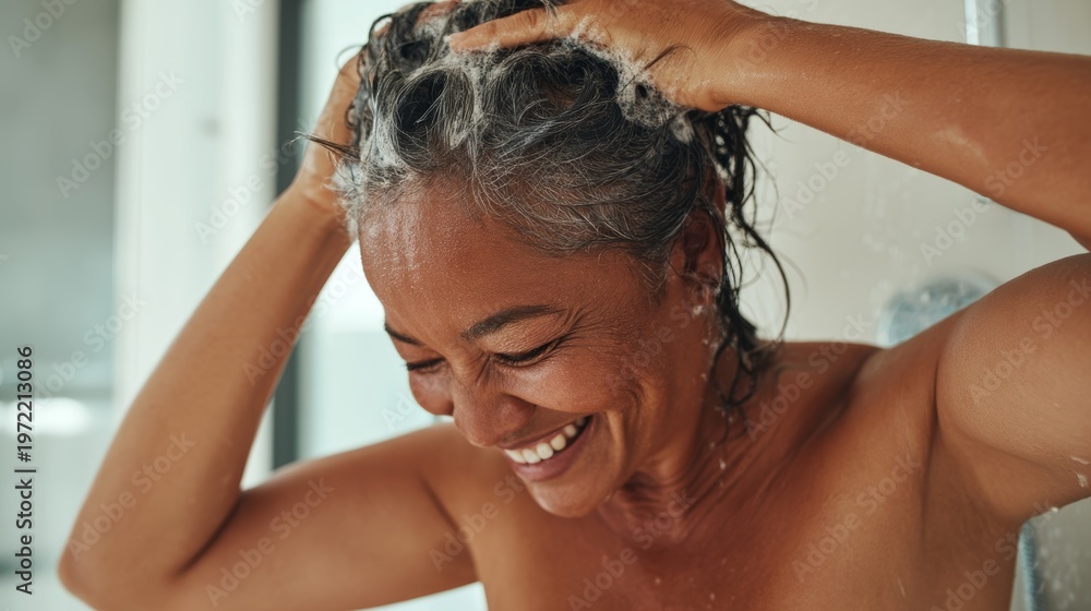 Naklejka premium Woman Showering, Smiling