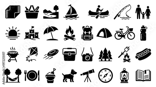 Outdoor Recreation and Camping Icons Set for Summer Vacation and Adventure Activities Collection