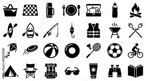 Collection of outdoor recreation and camping icons representing various activities and equipment for leisure and adventure