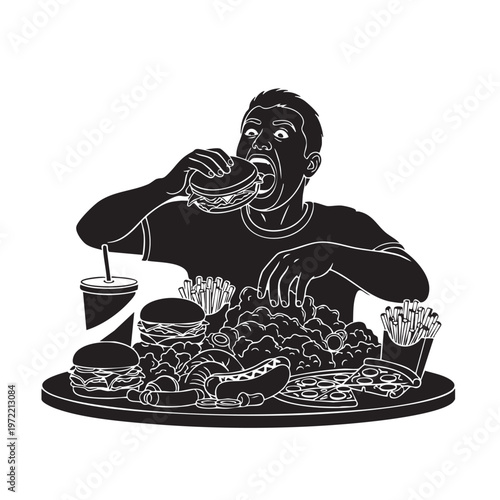 Gluttonous Man Eating Large Fast Food Meal Silhouette Vector Illustration, Overeating Burgers Fries Hot Dogs Pizza, Unhealthy Diet Consumption Feast
