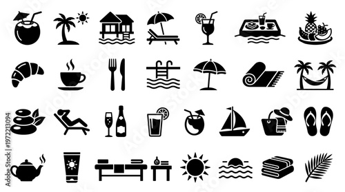 Collection of vacation and travel icons representing relaxation, tropical destinations, and leisure activities for tourism and hospitality industry