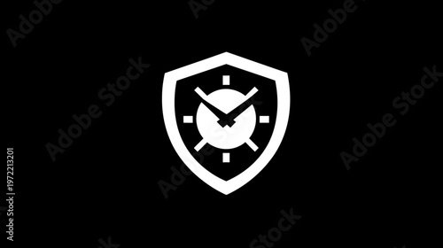 A white clock face within a shield shape on a black background, representing protection or security of time