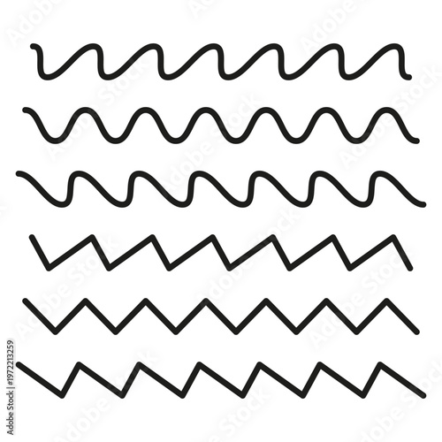 Wave line set. Zigzag stroke Vector. Curved path variety. Graphic border element. Manual vector only. No autotrace used.