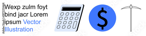 Finance, cryptocurrency, investment, digital transactions, budgeting, mining. A calculator, dollar sign in a blue circle and mining pickaxe. Finance and cryptocurrency operations concept