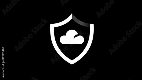 A white shield icon containing a cloud symbol on a black background. Simple, minimalist design