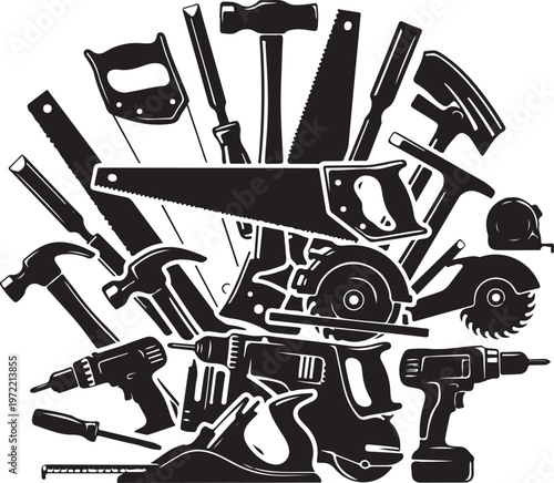 Collection of various hand tools and power equipment for construction work