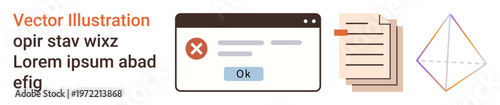 Error messages, data processing, technology alerts, information management, online interactions, digital troubleshooting. Warning popup with an Ok button, document icons geometric shapes. Error