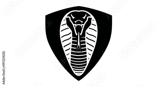A stylized cobra head emblem, outlined in white against a black shield shape on a white background