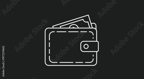 Minimalist White Line Art Wallet with Cash on Black Background.