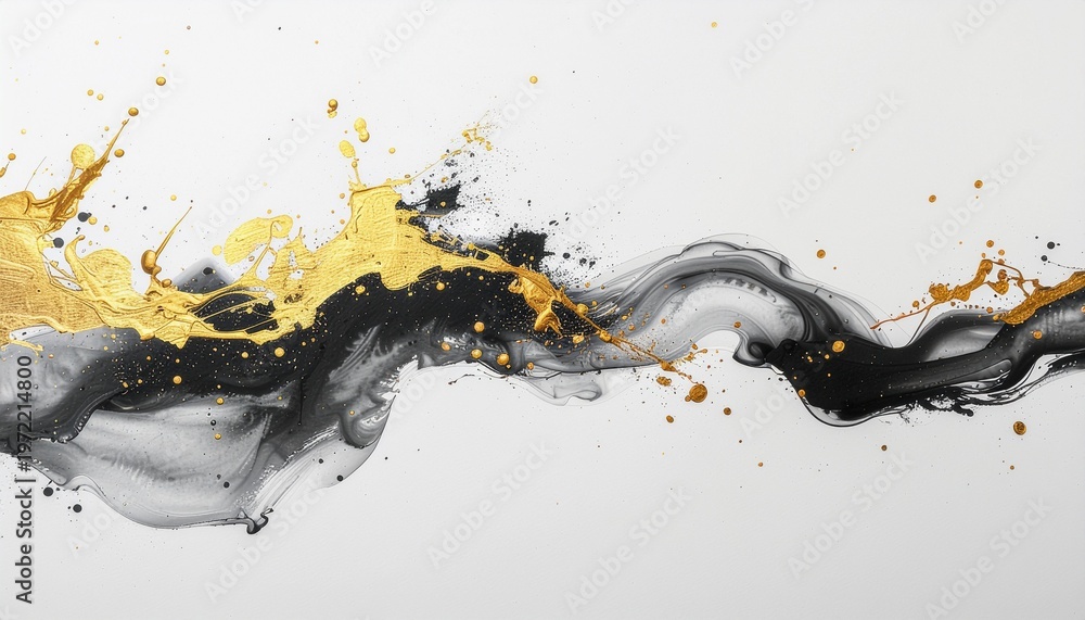 Obraz premium 黒背景に金の飛沫と粒子が爆発する墨絵素材