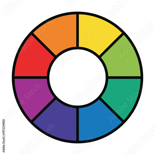 Color wheel with vibrant hues and black lines on white background for design and art