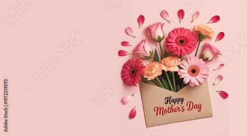 Mother's Day flowers bouquet in envelope on pink background