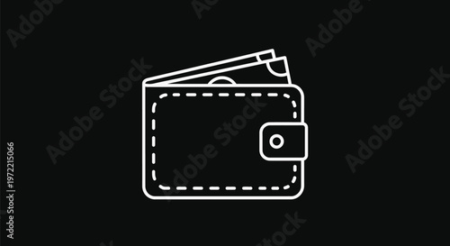 Minimalist White Wallet Icon with Cash on Black Background.