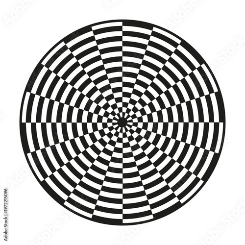 Radial checkerboard set. Target tunnel Vector. Circle focus symbol. Geometric round pattern. Manual vector only. No autotrace used.