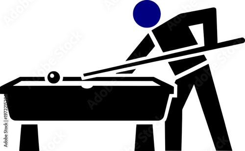 Minimalist vector icon of a man playing billiards. Stylized silhouette of a pool player with a cue stick and table. Sport and leisure concept.