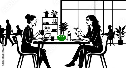 Vector illustration of colleagues having a healthy lunch in an office breakroom. Two women talking and eating salad in a modern workspace. Business wellness concept.