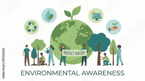 environmental awareness, recycling icons, green earth concept, people protecting nature, flat modern style, eco color palette
