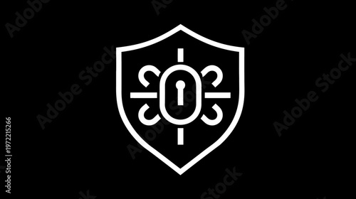White graphic illustration of a shield with a keyhole design and abstract elements on black