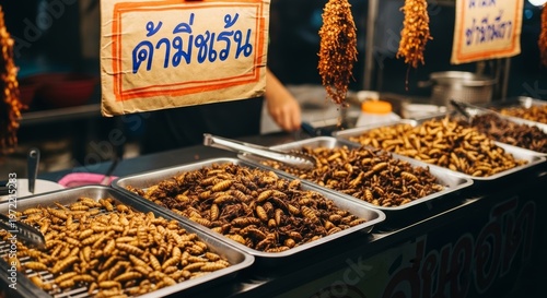 Deep-fried insects displayed at a night market. Various trays filled with crispy insects. Bright signage in the background. A vendor's hand is visible.