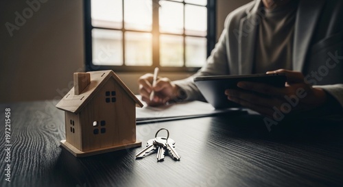 Real estate professional signs crucial property documents, with a miniature house model and keys on a dark.