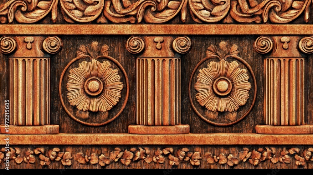 Fototapeta premium Intricately carved wooden panel with floral motifs, columns, and ornate scrolls in a rich hue