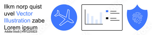 Travel safety, data visualization, cybersecurity, fingerprint authentication, analytics, digital protection. Airplane, bar chart and shield with fingerprint. Travel safety and data visualization