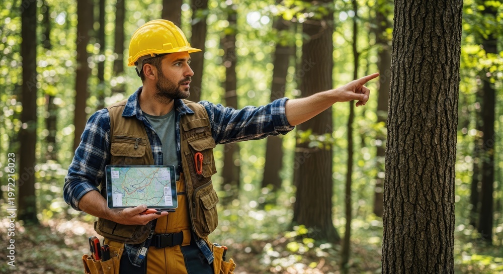 Fototapeta premium A man wearing a yellow hard hat and a plaid shirt points to a specific location in a dense forest.