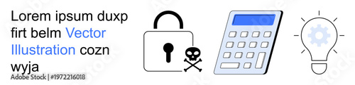 Cybersecurity, data analysis, innovation, online safety, ideas, digital threats. Lock with a skull, calculator gear inside a bulb. Cybersecurity and data analysis concepts visually