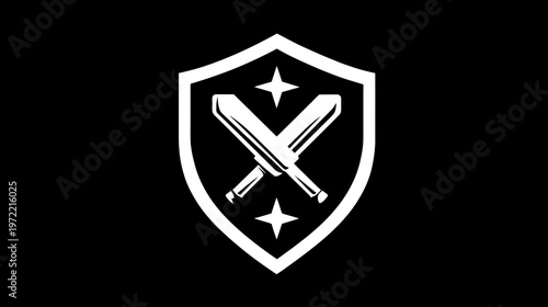 A white shield with two crossed batons and two stars on a black background