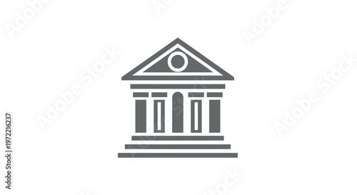 Simple grey illustration of a classical building with columns and a pediment.
