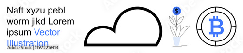 Cloud computing, digital currency, financial growth, blockchain, investment, data storage. Minimal cloud outline, bitcoin symbol growing plant with dollar sign. Cloud computing and digital currency