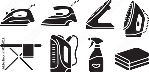 Collection of various ironing appliances and laundry care tools on a white background