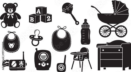 Baby nursery essentials and toys in black and white icons