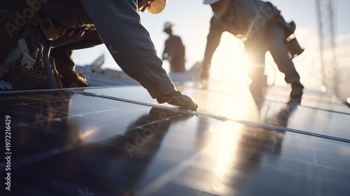 Workers install solar panels on a rooftop during sunset. The scene shows multiple individuals in safety gear, focused on their task.