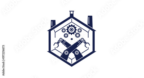 Robotic Arms and Gears Inside a House Shape, Technology Concept.