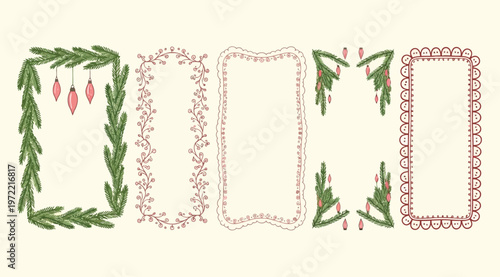 Set of five decorative holiday frames featuring ornaments, vines, leaves, berries, and scalloped lace borders, designed for greeting cards, invitations, posters, and festive seasonal decoration in mod