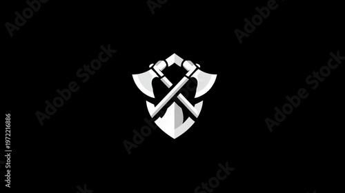 A stark emblem featuring crossed axes on a shield, rendered in white against a deep black background