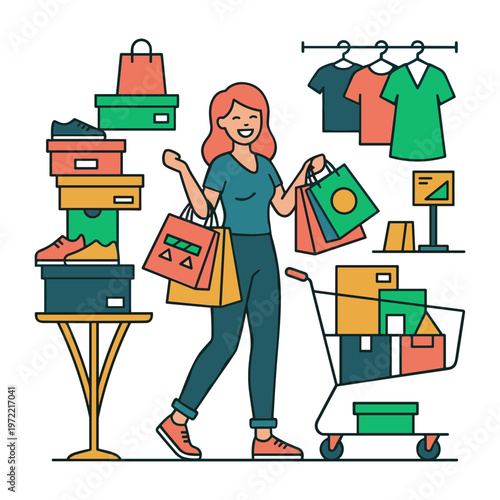 Woman shopping with bags and cart surrounded by clothes boxes