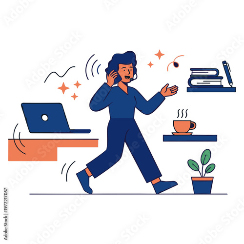 A woman walks quickly while talking on phone near office items