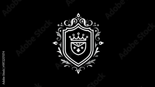 A regal emblem with shield and crown, surrounded by ornate flourishes on a black background