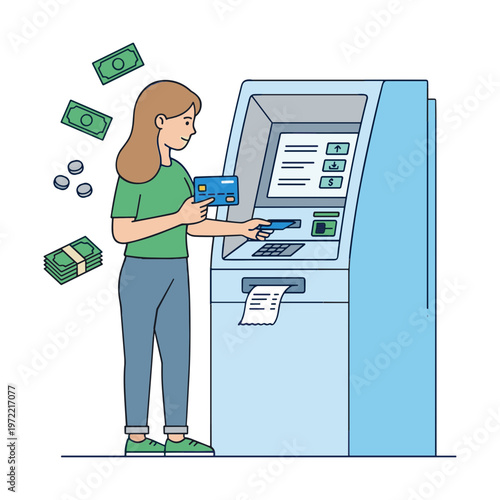 A woman withdraws cash from an ATM machine with money floating around her.